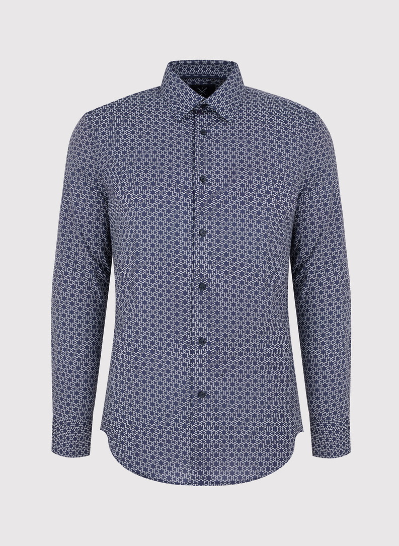 Tamsiai mėlyni vyriški marškiniai baltu raštu