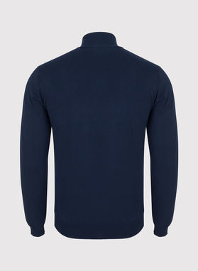 Tamsiai mėlynas megztinis su užtrauktuku sagstoma aukšta stačia apykakle