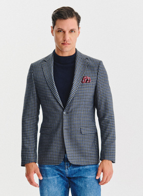 Tamsiai mėlynas švarkas smulkiais langeliais