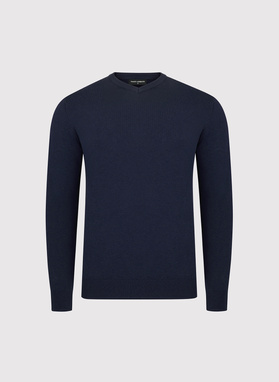 Tamsiai mėlynas vyriškas megztinis su V apykakle