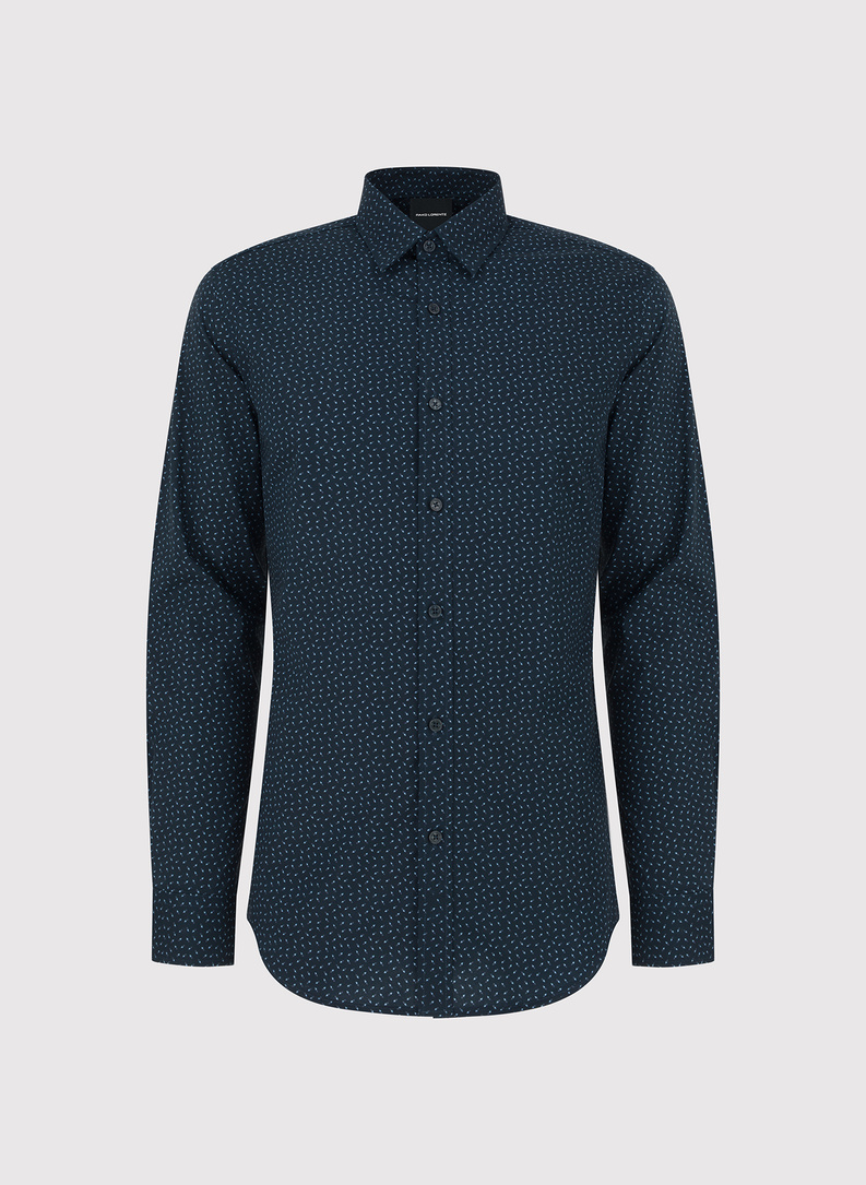 Tamsiai mėlyni marškiniai geometriniu raštu