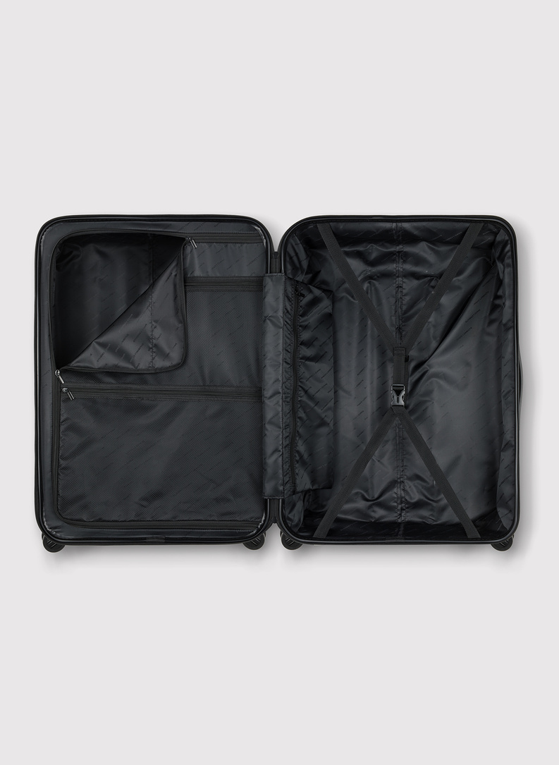 Didelis tamsiai pilkas lagaminas su grioveliais