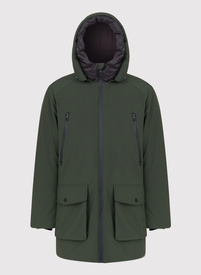 Žalia vyriška striukė, pripildyta natūralių pūkų