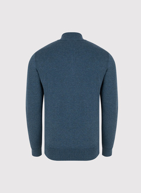 Tamsiai mėlynas megztinis su prasegama stačia apykakle