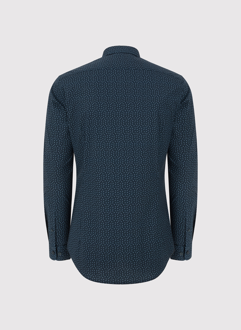 Tamsiai mėlyni marškiniai geometriniu raštu