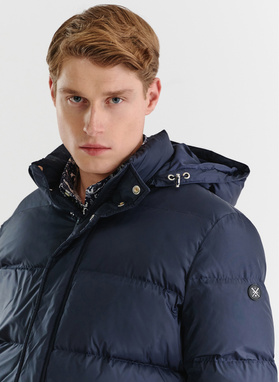 Tamsiai mėlyna ilga dygsniuota striukė