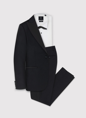 Vilnonis juodas smokingo švarkas mikroraštu