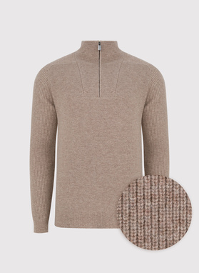 Smėlinis megztinis su prasegama stačia apykakle