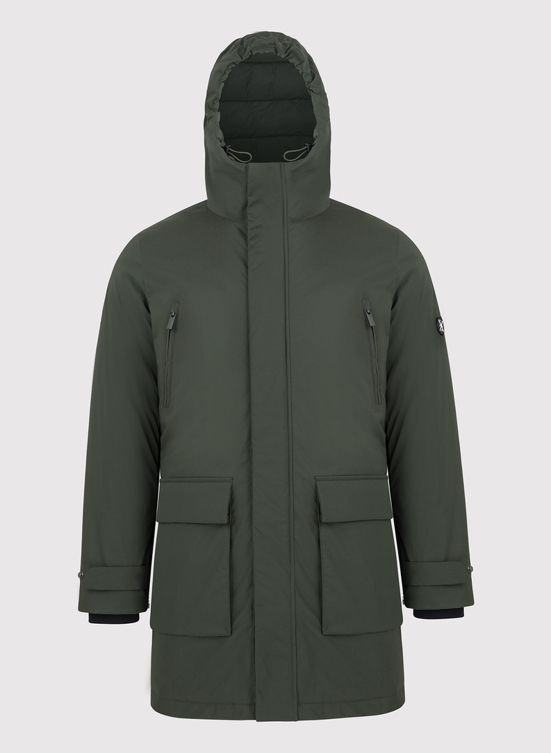 Žalia vyriška striukė, pripildyta natūralių pūkų