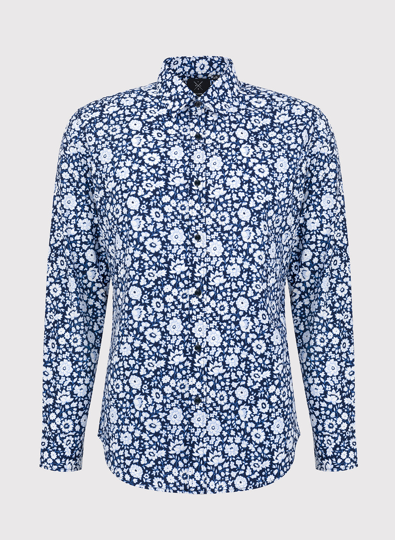 Tamsiai mėlyni marškiniai baltomis gėlėmis