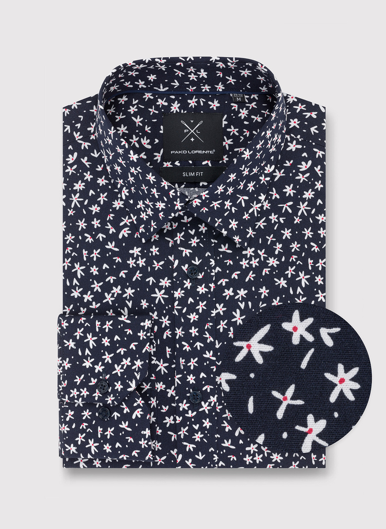 Tamsiai mėlyni vyriški marškiniai gėlytėmis