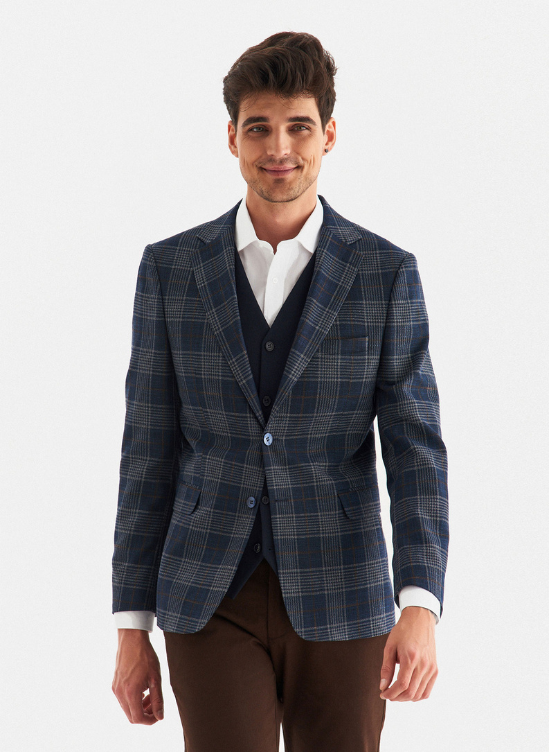 Tamsiai mėlynas languotas vyriškas laisvalaikio švarkas