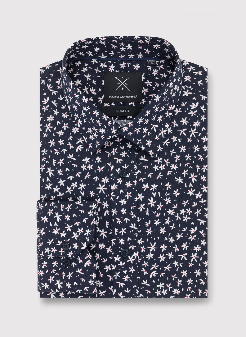 Tamsiai mėlyni vyriški marškiniai gėlytėmis