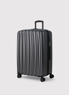 Didelis tamsiai pilkas lagaminas su grioveliais