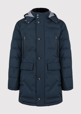 Tamsiai mėlyna dygsniuota striukė su gobtuvu