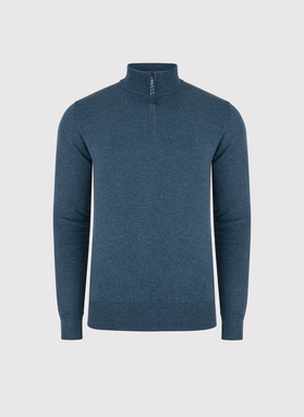 Tamsiai mėlynas megztinis su prasegama stačia apykakle