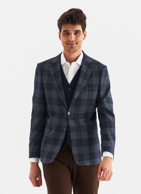 Tamsiai mėlynas languotas vyriškas laisvalaikio švarkas