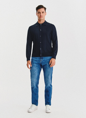 Tamsiai mėlynos spalvos medvilninis kardiganas