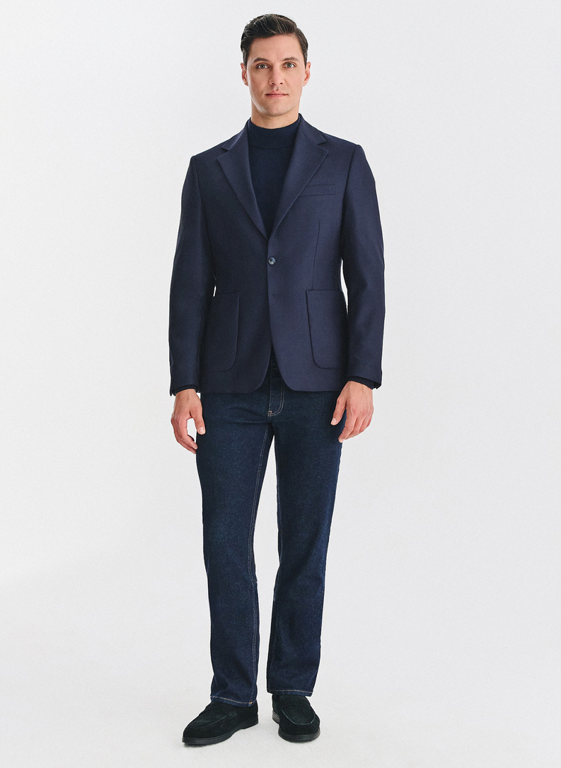 Tamsiai mėlynas vienaeilis švarkas