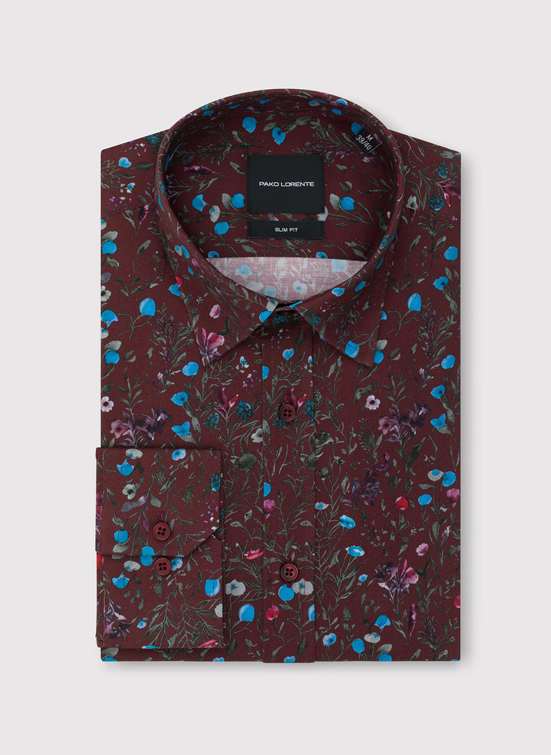Tamsiai raudoni gėlėti marškiniai