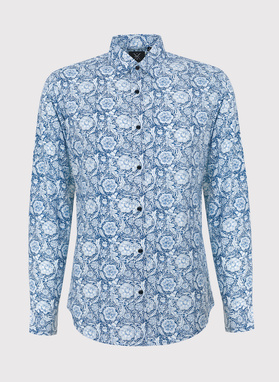 Marškiniai gėlių raštu tamsiai mėlyname fone