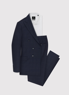 Tamsiai mėlynos kostiuminės kelnės subtiliais langais