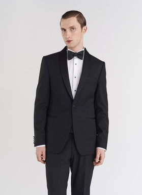 Vilnonis juodas smokingo švarkas mikroraštu