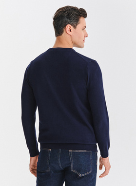 Tamsiai mėlynas medvilninis megztinis su V apykakle