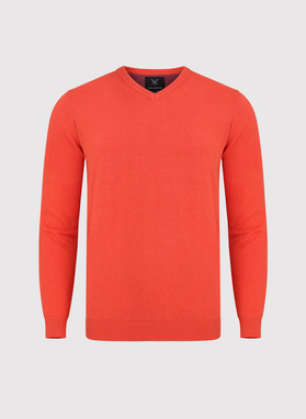 Oranžinės spalvos vyriškas megztinis V iškirpte