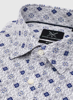 Baltos spalvos vyriški marškiniai tamsiai mėlynu raštu