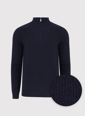 Tamsiai mėlynas megztinis su prasegama stačia apykakle