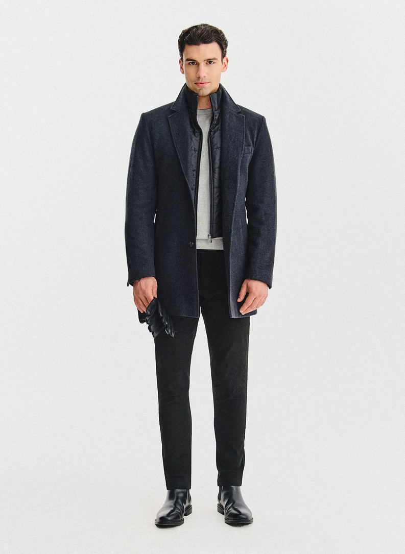 Grafito spalvos vyriškas lietpaltis su nusegama apykakle