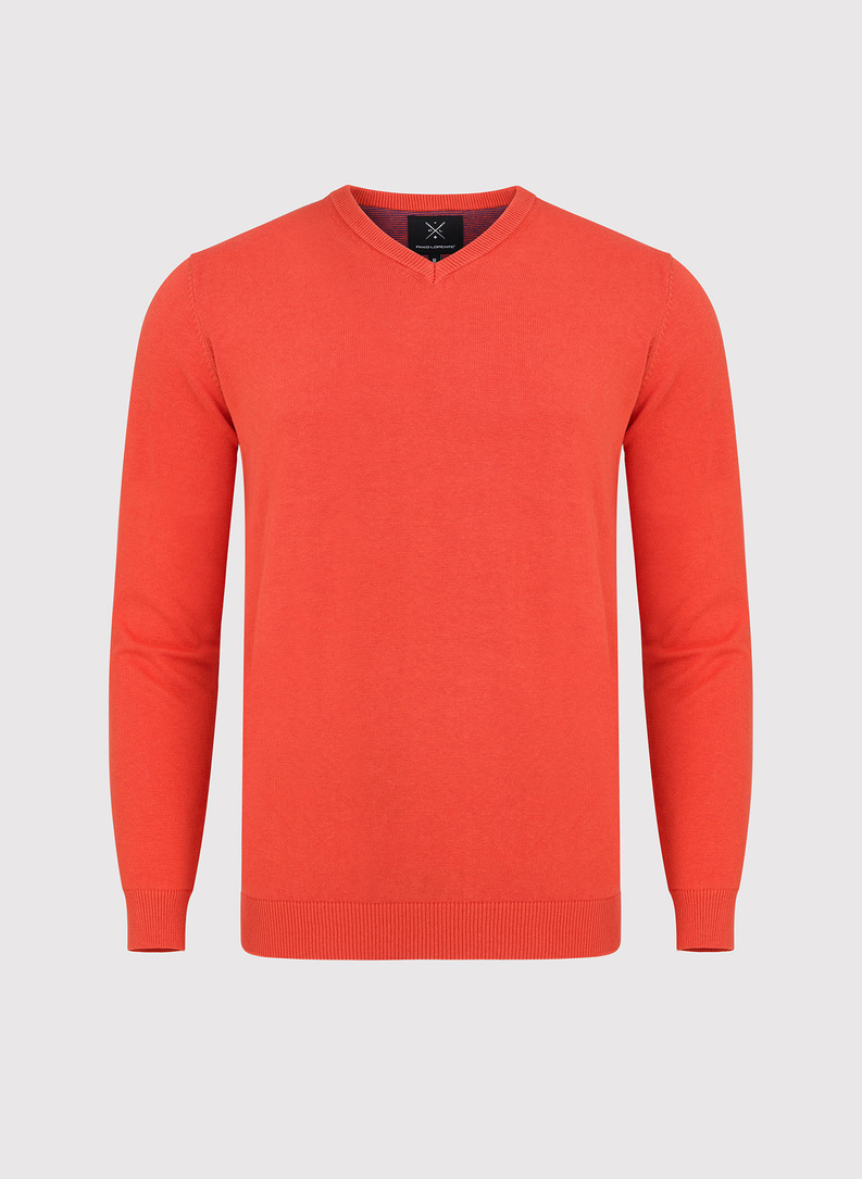 Oranžinės spalvos vyriškas megztinis V iškirpte