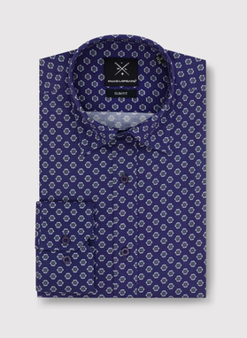 Tamsiai mėlyni vyriški marškiniai gėlytėmis