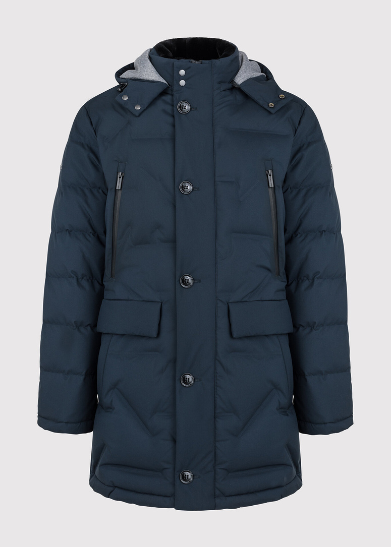 Tamsiai mėlyna dygsniuota striukė su gobtuvu