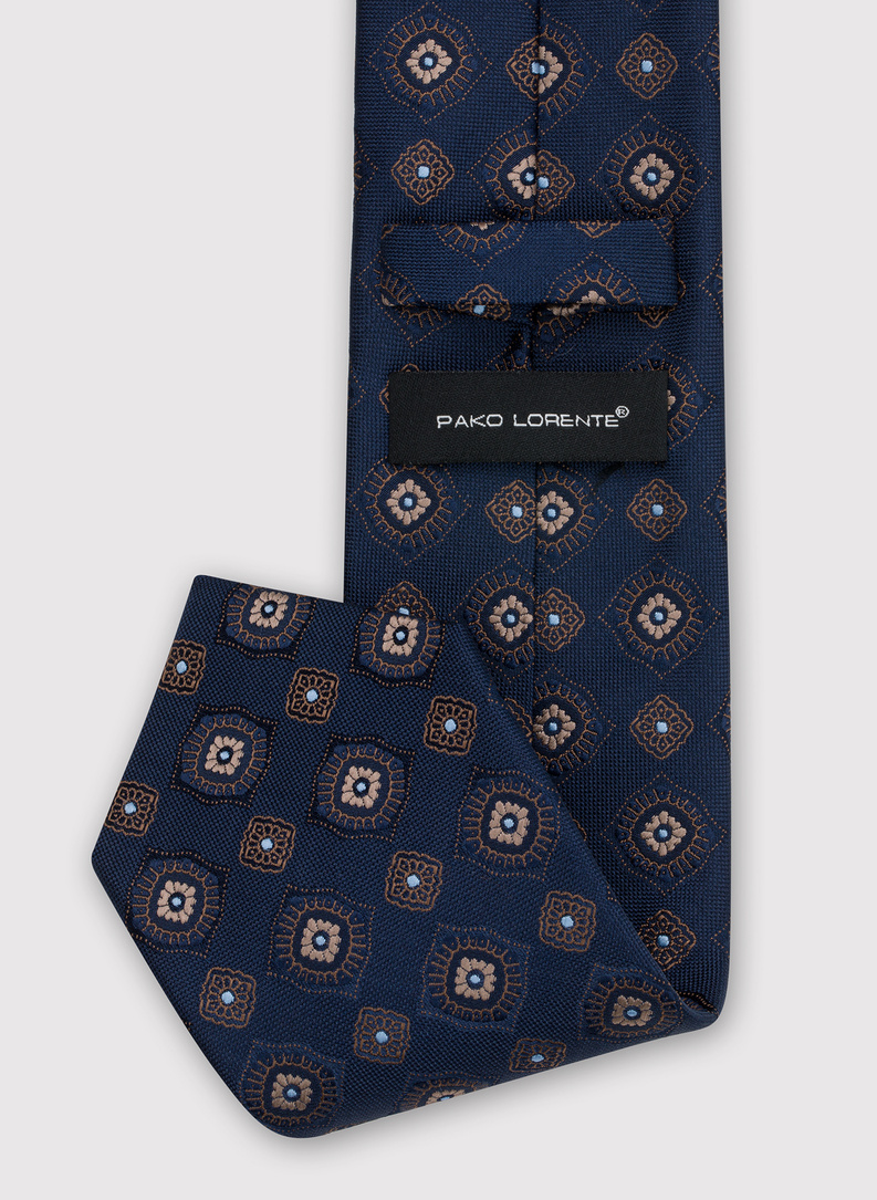 Tamsiai mėlynas vyriškas kaklaraištis bronziniu raštu