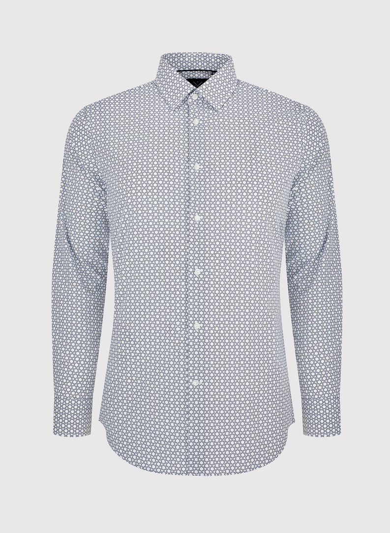 Balti vyriški marškiniai tamsiai mėlynu raštu