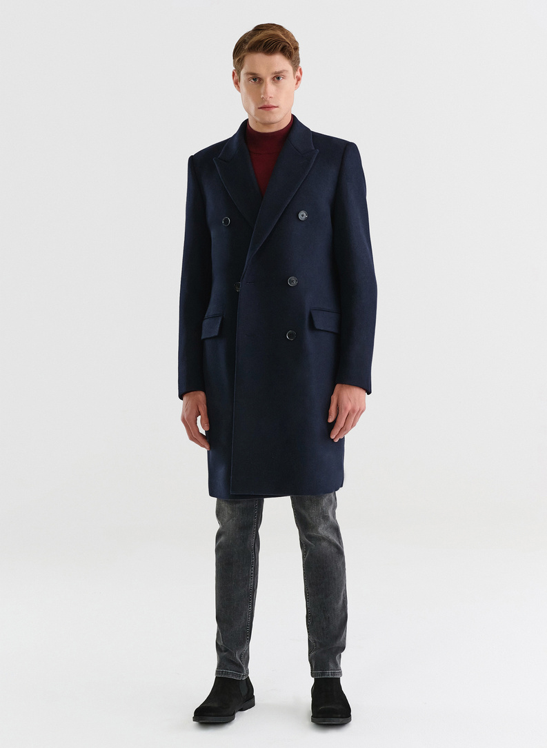 Tamsiai mėlynos spalvos dvieilis vyriškas lietpaltis