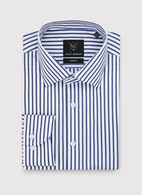 Medvilniniai vyriški marškiniai tamsiai mėlynomis juostelėmis