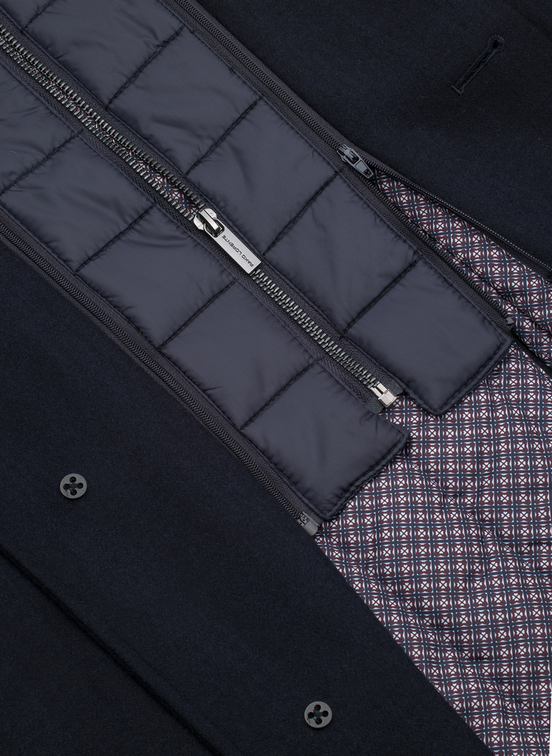 Tamsiai mėlynas vilnonis vyriškas lietpaltis su stačia apykakle