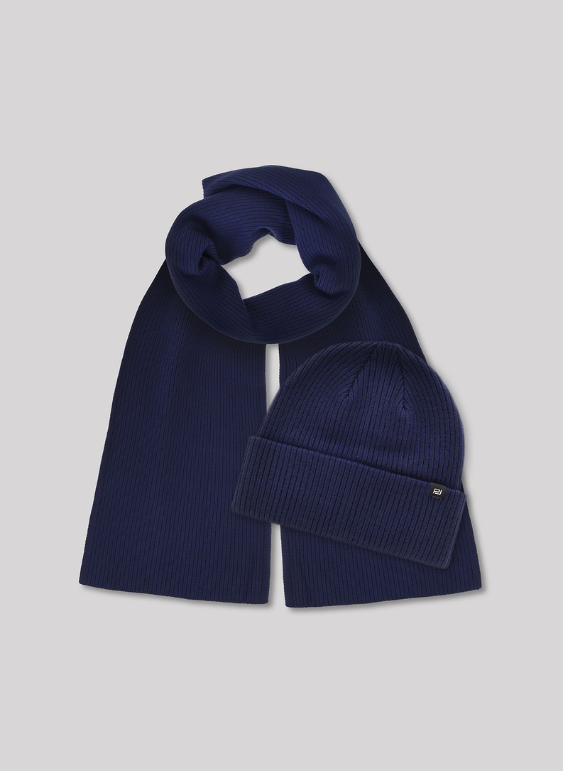 Tamsiai mėlynas vyriškas komplektas: kepurė ir šalikas