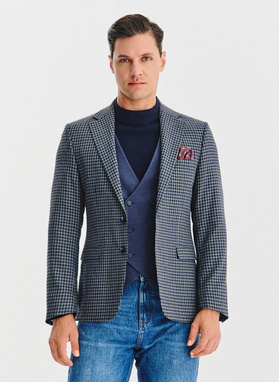 Tamsiai mėlynas švarkas smulkiais langeliais