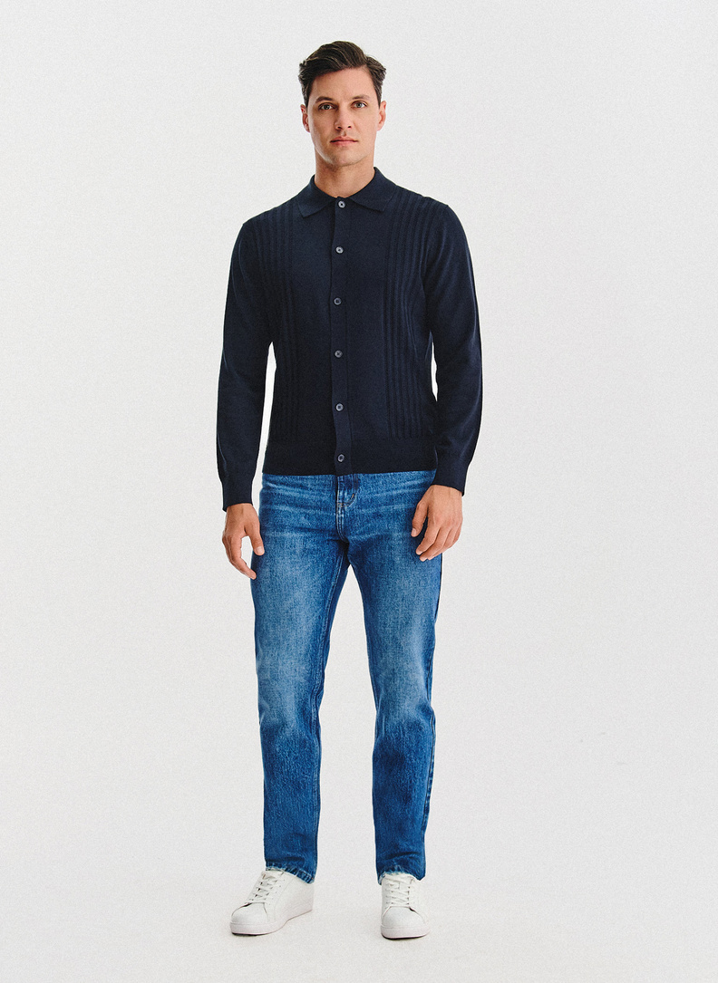 Tamsiai mėlynos spalvos medvilninis kardiganas