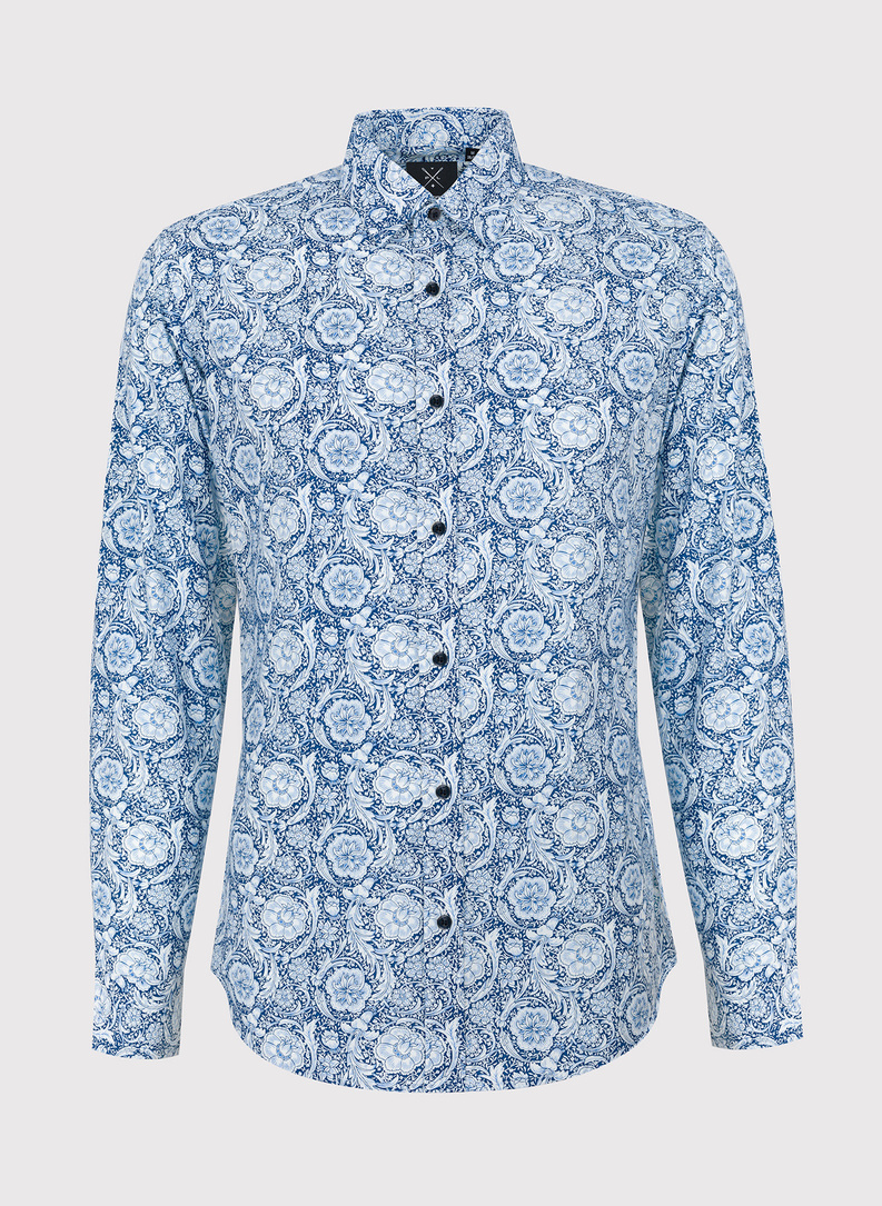 Marškiniai gėlių raštu tamsiai mėlyname fone