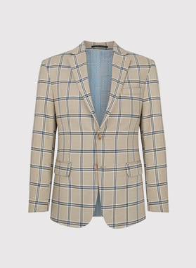 Vilnonis smėlio spalvos languotas kostiuminis švarkas