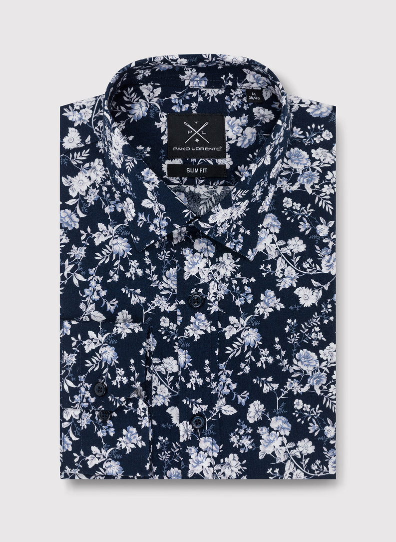 Tamsiai mėlyni gėlėti marškiniai