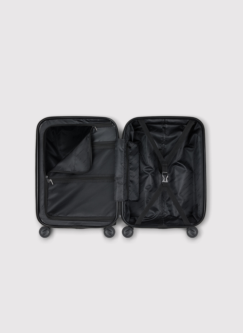 Mažas tamsiai pilkas lagaminas su grioveliais