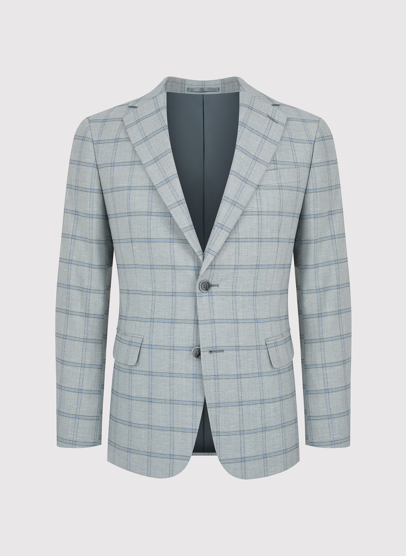 Pilkas vyriškas švarkas dideliais kvadratais