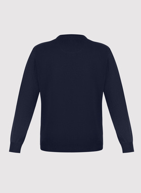 Tamsiai mėlynas medvilninis megztinis su V apykakle