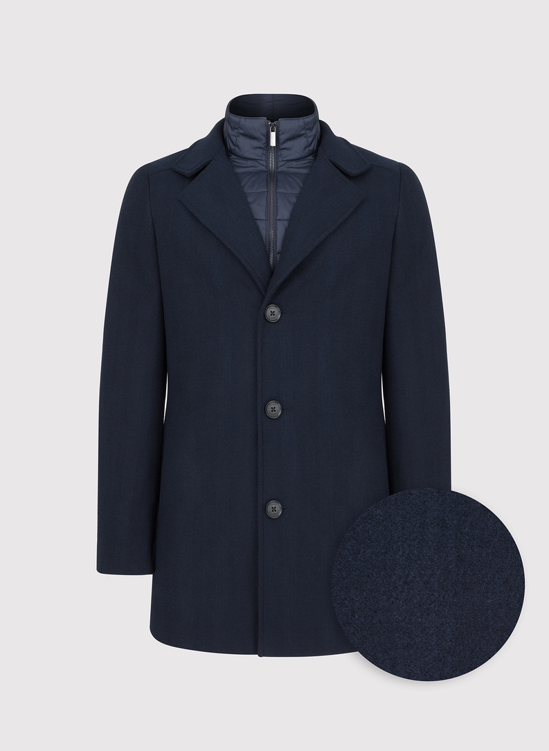 Tamsiai mėlynas vilnonis vyriškas lietpaltis su stačia apykakle